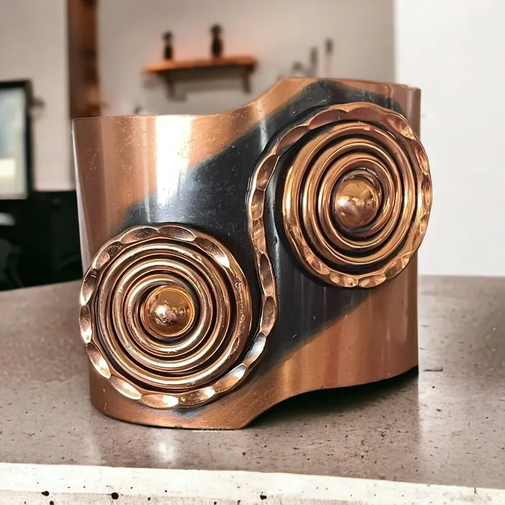 Signed Handmade Renoir 1950s Modernist Scroll Motif Copper Cuff Bracelet Runway